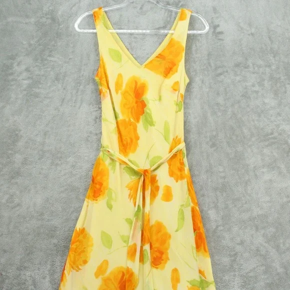 Vintage Mica Dress Women 4 Silk Floral Belted Chiffon Bias Cut 90s Midi Yellow - Picture 3 of 12